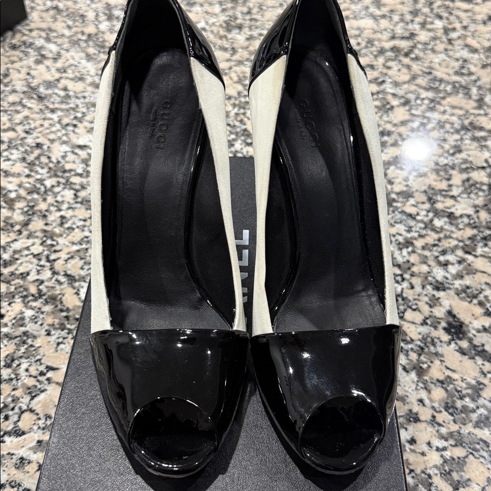 CHANEL Black and Cream Peep Toe Heels